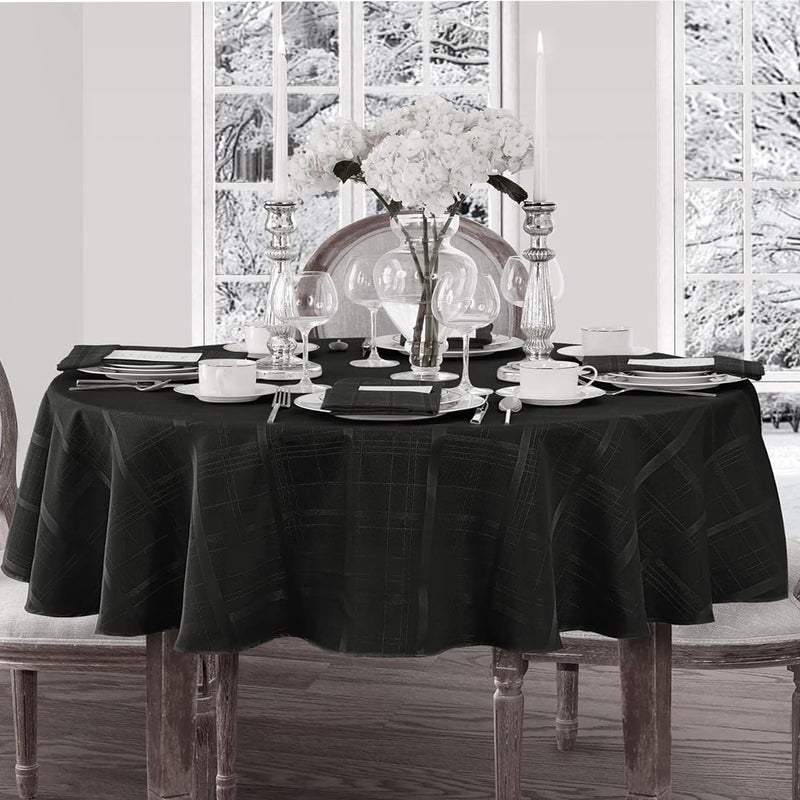 Newbridge 60 x 84 Inch Oval Fabric Tablecloth, Elegance Plaid, 100% Polyester, No Iron Soil Resistant Dining Room, Party and Banquet Table Cover, Solid Textured, Black - Image 1